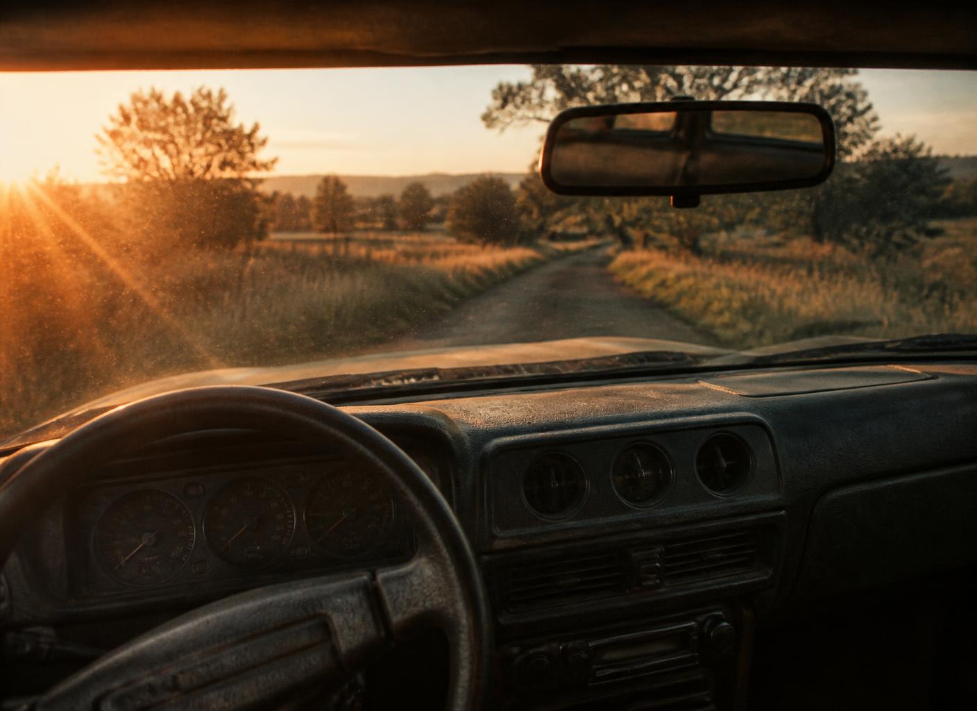 The view through a windshield down a country road at golden hour