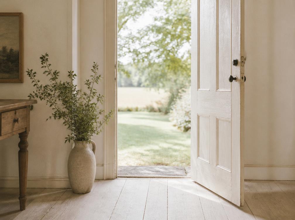 An open doorway of an old home letting in soft daylight