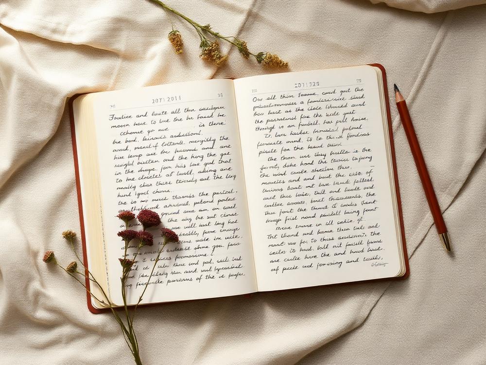 Handwritten journal pages beside pressed wildflowers