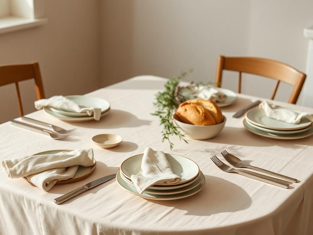 A simple table set with mismatched plates, bread, and greenery
