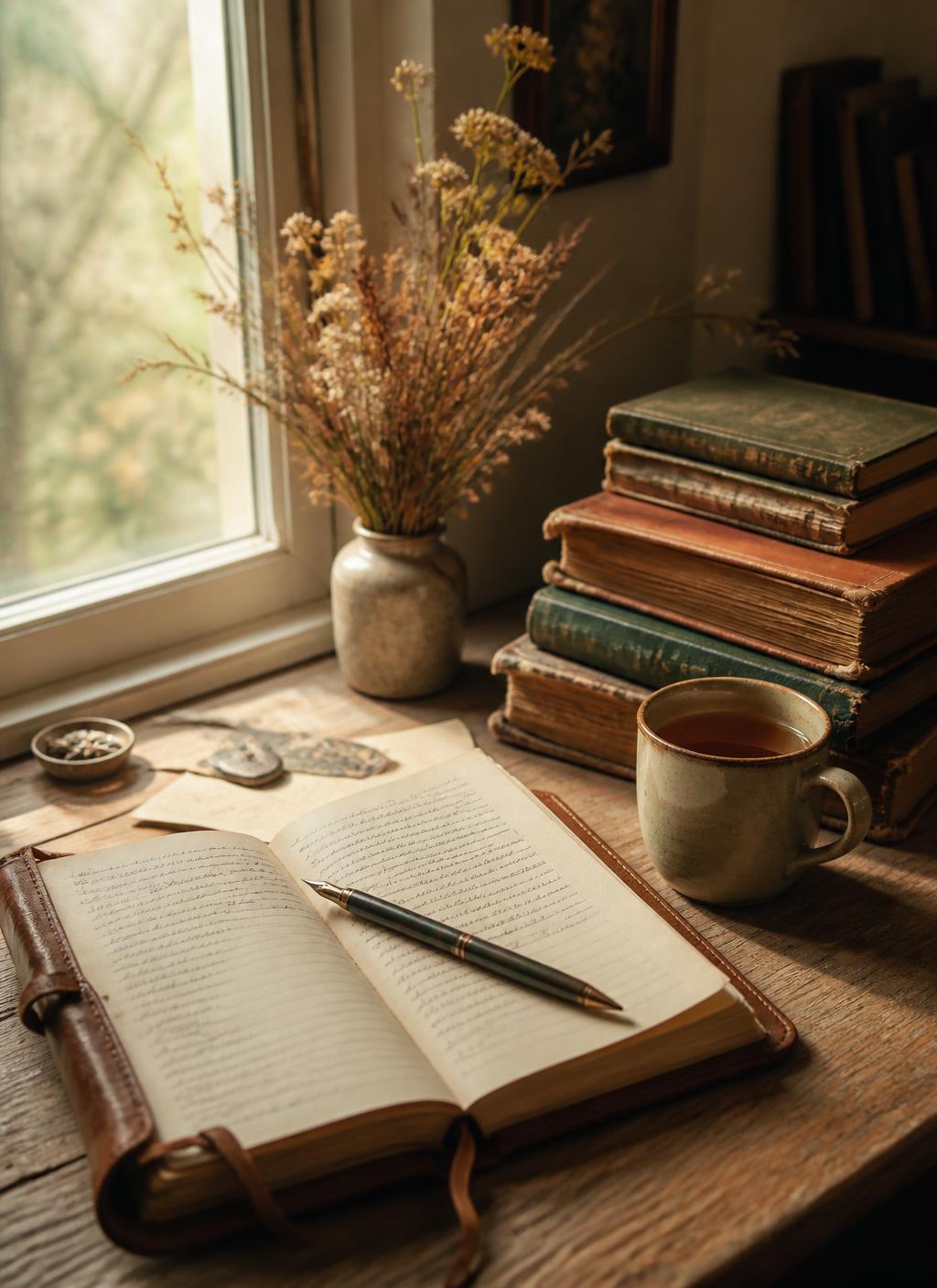 A writing desk beside a sunlit window with an open journal, a pen, tea, and dried wildflowers