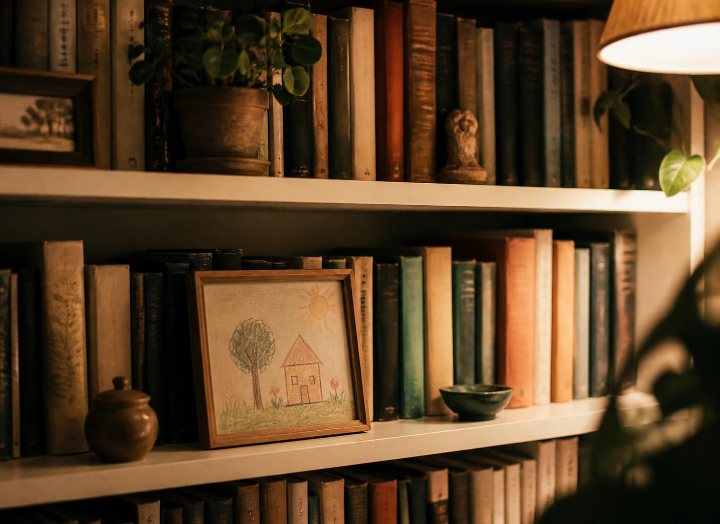 Warm home bookshelves with well-read books, a small plant, and a framed child's drawing